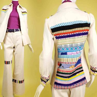 1970s patchwork pant suit set. Hippie mod butterfly collar bell bottoms. Size S 