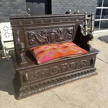 Antique 18th Century, intricately carved "Black Forest" German storage Bench. 