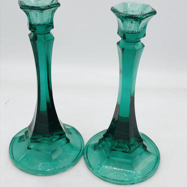 Vintage  Pair  Teal Green Glass Candle Holders -  7 1/2 inches tall- Chip Free 