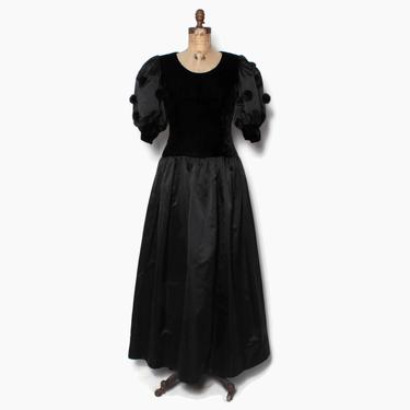 Vintage 80s Givenchy Silk Ballgown / 1980s Black Puff Sleeve Mink Pom Pom Trim Full Skirted Evening Gown by luckyvintageseattle