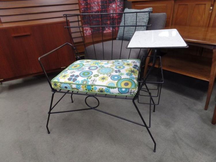 Mid-Century Modern black metal telephone bench with new upholstered cushion and table top