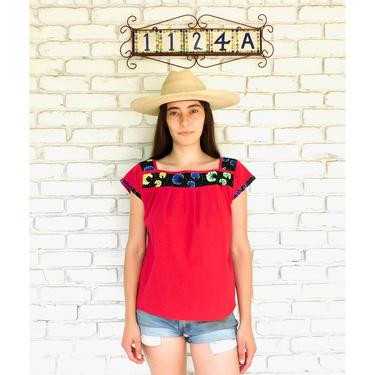 Mexican Blouse // vintage cotton boho hippie Mexican hand embroidered dress hippy tunic mini dress red // S/M 