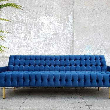 Incredible Blue Velvet Tufted Sofa with Brass Legs