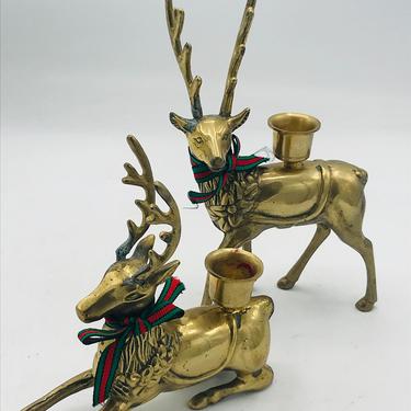Vintage Solid Brass  Deer Figurines Candle Holders- Holiday Christmas Decoration 