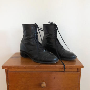Heeled, Black Leather Lace-Up Boots - 1970s - US Women's Size 9 