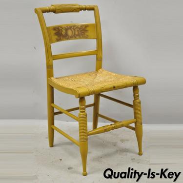 Vintage L. Hitchcock Yellow Painted Stenciled Rush Seat Dining Side Chair