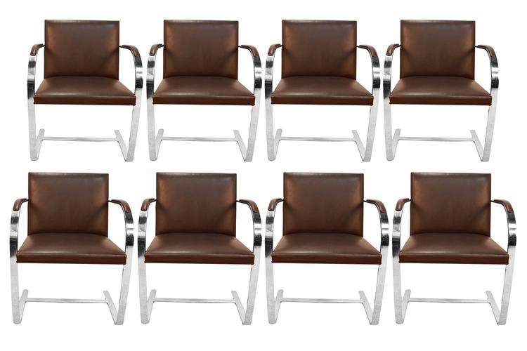 Eight Brueton Leather Bruno Flat Bar Chrome Armchairs Style of Mies Van Der Rohe 