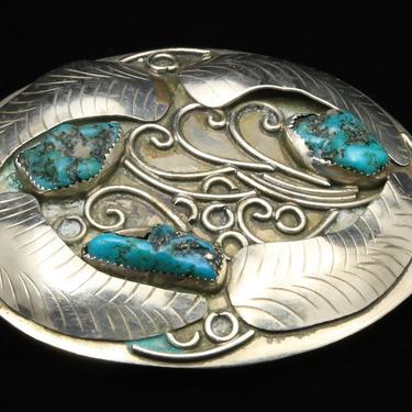 Vintage Large Silver Turquoise Nugget Belt Buckle Mexico Southwestern Style 