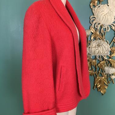 1950s coral jacket, vintage 50s coat, fuzzy cropped coat, large, mrs mail style, rockabilly coat, boxy short coat, 1950s open front coat 