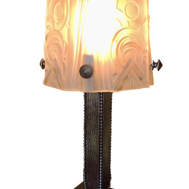 Art Deco Iron Table Lamp with Muller Style Glass Shade