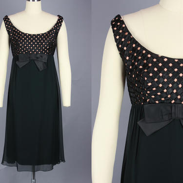 1960s Lattice Bodice Dress | Vintage 60s Black &amp; Pink Empire Waist Cocktail Dress with Chiffon Skirt | small / medium 