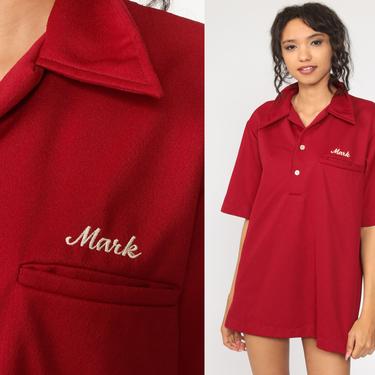 Uniform Shirt Mark Shirt 70s Bowling Shirt Name Shirt Pocket Polo Half Button Up Bowl Shirt 1970s Dark Red Vintage Retro Large xl l 