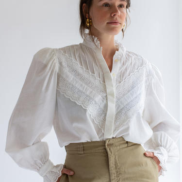 Vintage White Poet Shirt | Folk Blouse | Cotton Puff Sleeve Top | Romantic | M L 