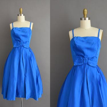 vintage 1950s dress | Gorgeous Royal Blue Satin Cocktail Party Dress | XS | 50s vintage dress 