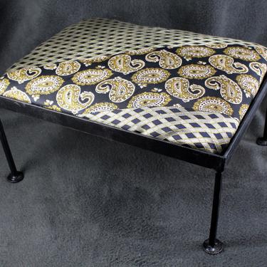 Up-Cycled Vintage Cast Iron Foot Stool with Vintage Silk Neck Tie Fabric Cushion - Office Foot Rest  | FREE SHIPPING 
