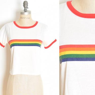 vintage 70s tee white rainbow print ringer baby t-shirt top skater hippie S clothing 