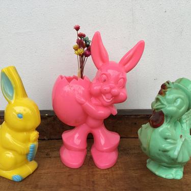 Vintage Easter Candy Container And Rattles, Set Of 3 Easter Plastic Figures, Pink Bunny, Green Duck, Yellow Rabbit 