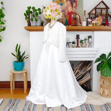 Vintage 2000s does 1960s Lace & Satin Wedding Dress w/ Long Sleeve Jacket - Winter Wedding Dress - XL 