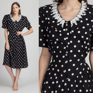 80s Black & White Polka Dot Sailor Collar Dress - Large to XL | Vintage Fit Flare Button Front Retro Midi Dress 
