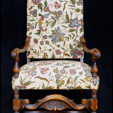 Carved Wooden Arm Chair w/ Crewel Fabric - early 20th century