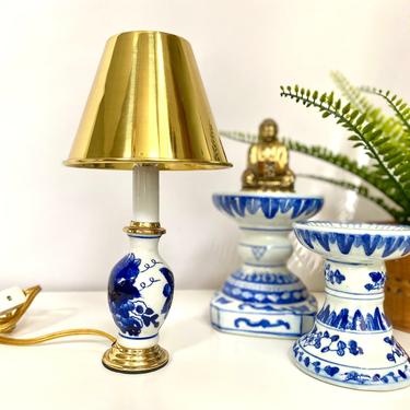 Mini Vintage Blue and White Chinoiserie Accent Lamp with Brass Shade 