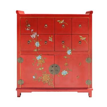 Chinese Red Veneer Print Graphic Side Table Drawers Cabinet cs5122S