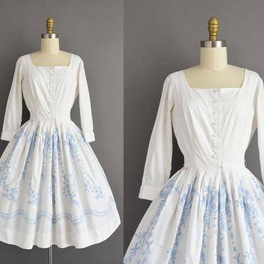 vintage 1950s dress | Penny Parker White Cotton Blue Embroidered Full Skirt Shirt Dress | Small | 50s vintage dress 