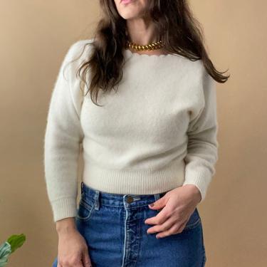Vintage White Angora Lambswool Scalloped Edge Sweater, Size M 