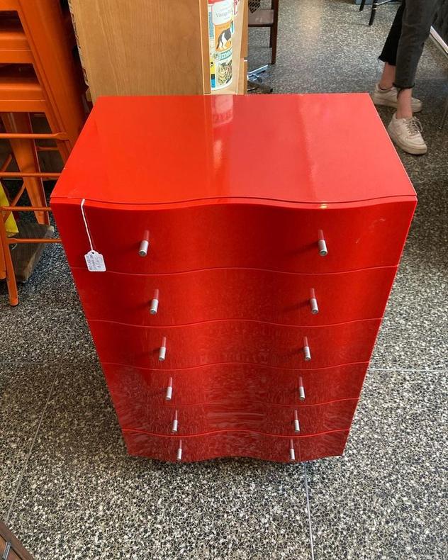 RED lacquer lingerie chest. 21.5” x 15.5” x 33.5” 