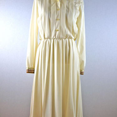 Cream White Pleated Dress with Brown and Gold Ribbon Detail 