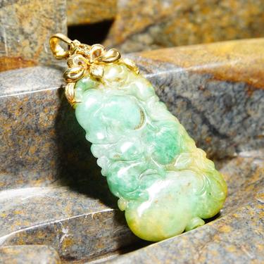 Victorian 14K Gold Carved Jadeite Jade &amp; Diamond Pendant, Antique Marbled Jade Stone, Yellow Gold Setting With Accent Diamonds, 3 3/4” L 