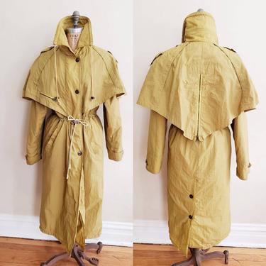 1980s Vintage Anorak Style Trench Quilted Coat Yellow Chartreuse Nylon / 80s Eskimo Laughter Hooded Coat Drawstring Waist / M / Ganda 