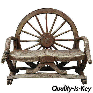 Antique Primitive Conestoga Wagon Wheel Red Bench Large Rustic Wooden Seat
