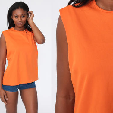 Orange Tank Top 70s Sleeveless Shirt Retro Tank Top Mod Boho Blouse Vintage Plain Simple Polyester 1970s Large 