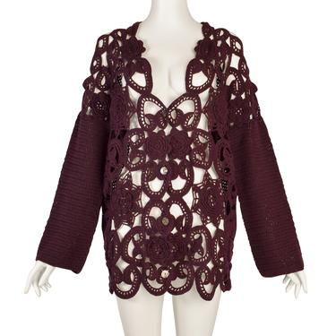 Romeo Gigli Vintage Maroon Open Floral Crochet Button Up Cardigan Sweater
