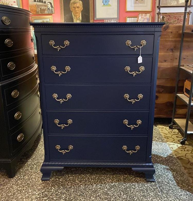 Drexel furniture dark navy chest of drawers 48.5” high, 35” x 21” 