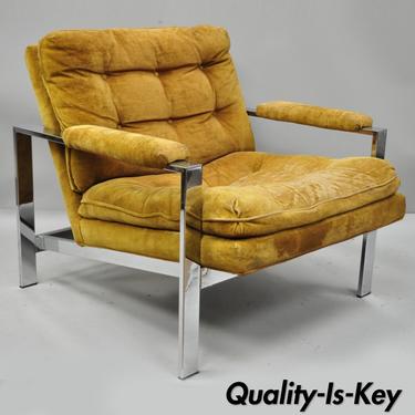 Vintage Milo Baughman Style Flat Bar Chrome Club Lounge Chair Armchair