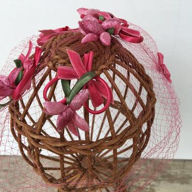 1940's Net Hat With Pink Flowers And Bows, Pink Mesh, Pink Net, Velvet Bows, Some Holes In Netting, Fascinator, Wedding Hats 