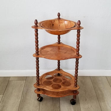 Stunning Vintage Faux Woven Wood Rolling Bar Cart . 