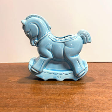 Vintage Ceramic Blue Rocking Horse Planter 