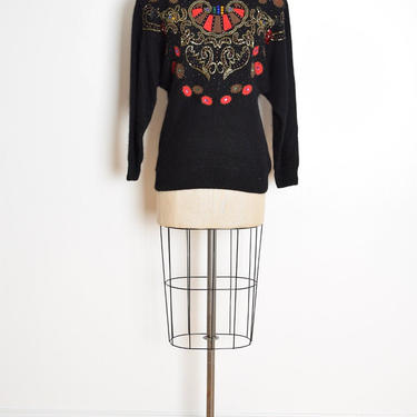 vintage 80s sweater black silk wool beaded sequin applique jumper top shirt S M clothing 