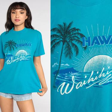 Waikiki Hawaii Tshirt Tropical Palm Tree Shirt Beach Shirt Turquoise Blue Graphic Tee Retro 90s T Shirt Large L 