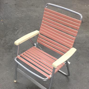 Vintage Lawn Chair Retro 1980s Pink + White + Vinyl Straps + Silver Aluminum Frame + Folds Up + Outdoor Seating + Patio Furniture + Camping 