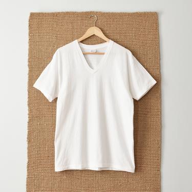 vintage 1970s v neck tee, white cotton t-shirt, size M / L 