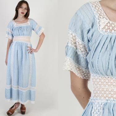 Baby Blue Bell Sleeve Mexican Dress / Crochet Lace Quinceanera Dress / 70s Ethnic Wedding / Festival Pintuck Cotton Fiesta Maxi Dress 