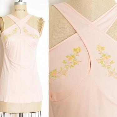 vintage 70s top blush floral print criss cross tank shirt knit hippie boho S clothing 