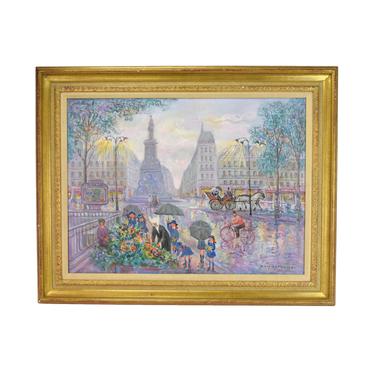 Jean LaReuse French Impressionist Painting Parisian Flower Market 