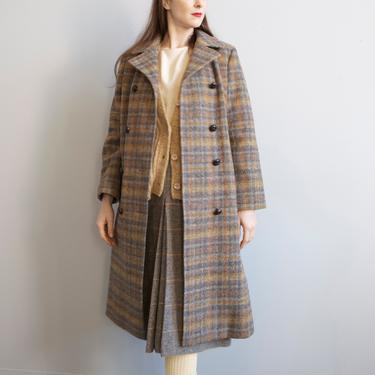Soft gray taupe yellow plaid double breasted 70s overcoat / S M 