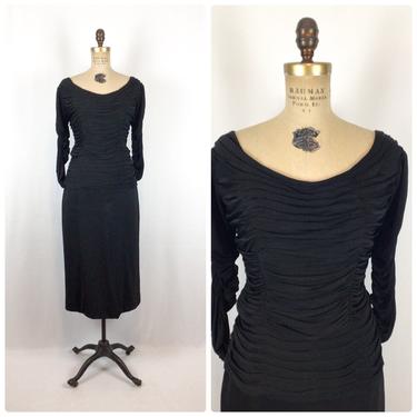 Vintage 50s dress | Vintage black knit cocktail dress | 1950s draped wiggle dress 
