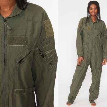 Flight Suit 42 L Military Jumpsuit Army Coveralls Zip Up Grunge Pantsuit Aramid Vintage Long Sleeve Romper Olive Green Medium Large 